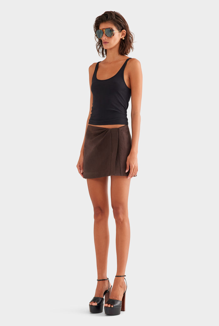 Draped Linen Mini Skirt - Dark Chocolate
