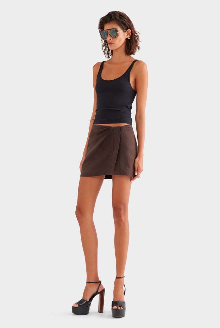 Draped Linen Mini Skirt - Dark Chocolate
