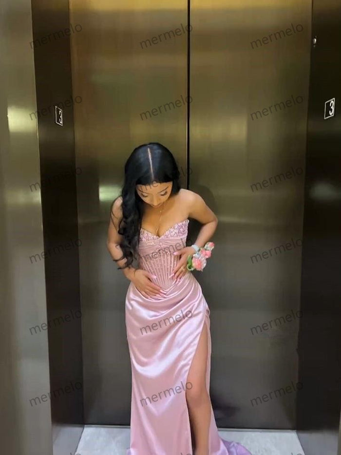 Elegant Sheath Sweetheart Sequin Pink Satin Slit Prom Dresses Evening Dress
