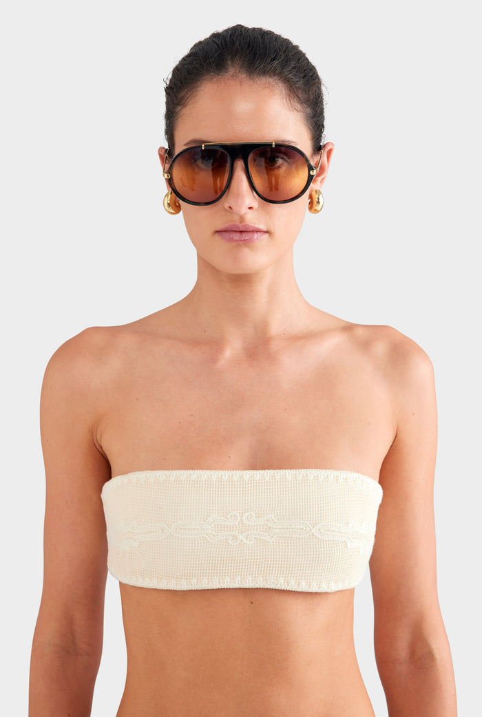 Embroidered Cotton Mesh Bandeau - Natural