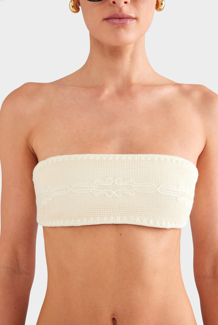 Embroidered Cotton Mesh Bandeau - Natural