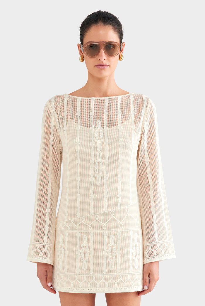 Embroidered Cotton Mesh Mini Dress - Natural