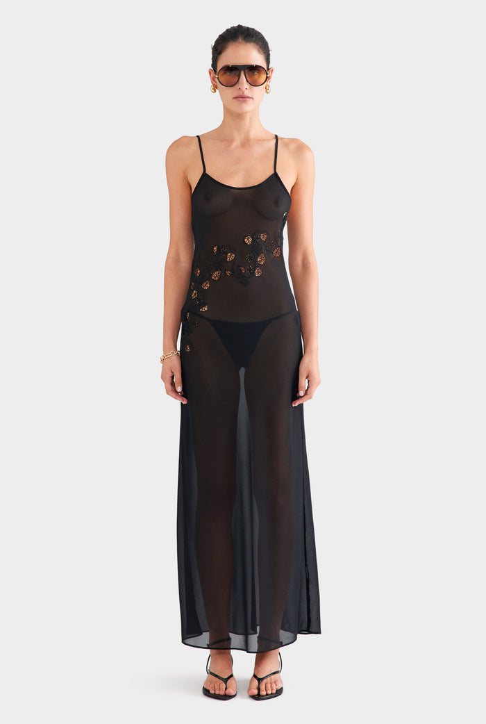 Embroidered Cutwork Slip Dress - Black