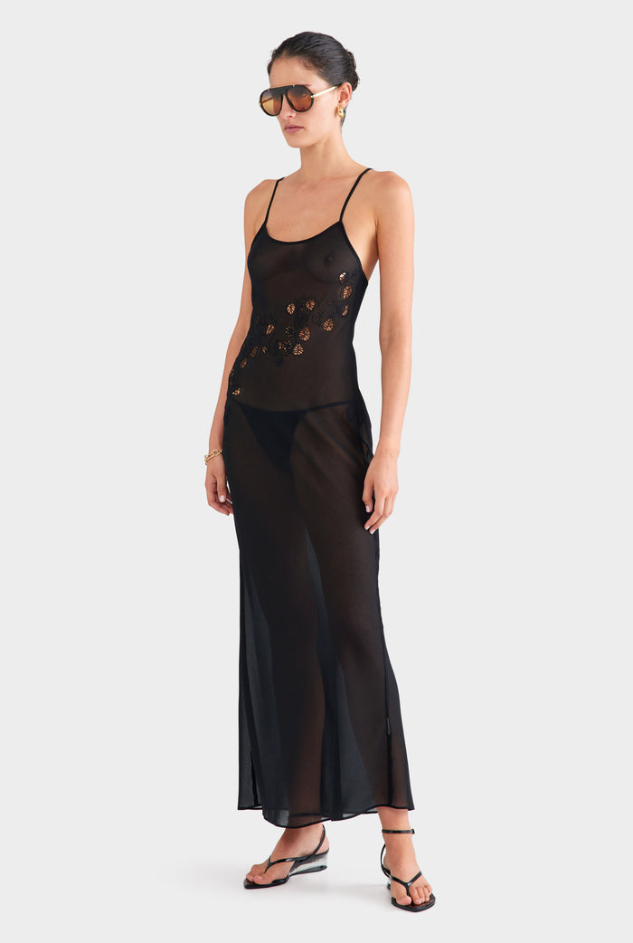 Embroidered Cutwork Slip Dress - Black