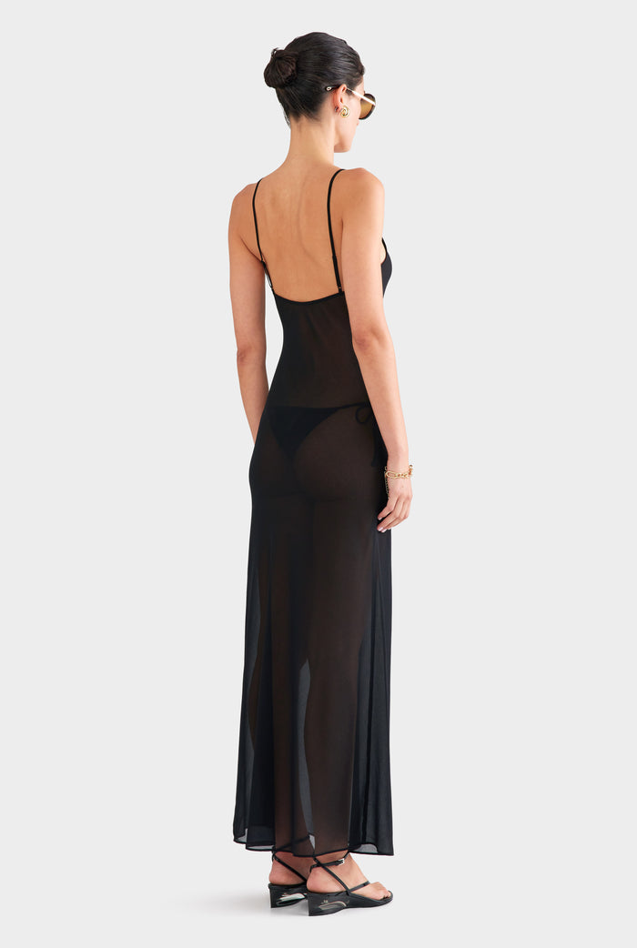 Embroidered Cutwork Slip Dress - Black