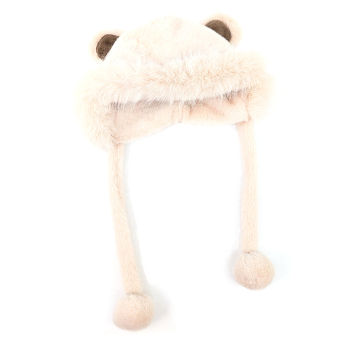 Faux Fur Bear Hat with Pom Pom Ties