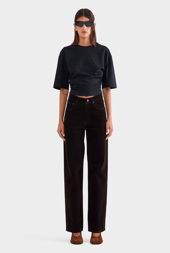 Flocked Cotton V Front Jean - Dark Chocolate