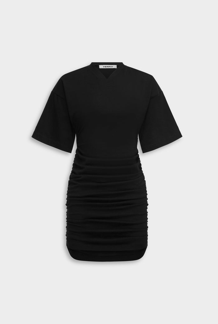Gathered T Shirt Mini Dress - Black