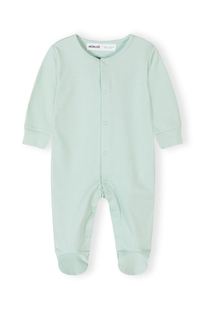 Mint baby sleepsuit with full-length legs and snap fastenings, front view.