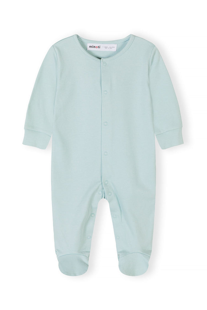 Baby sleepsuit in pastel mint, front view with snap fastenings.
