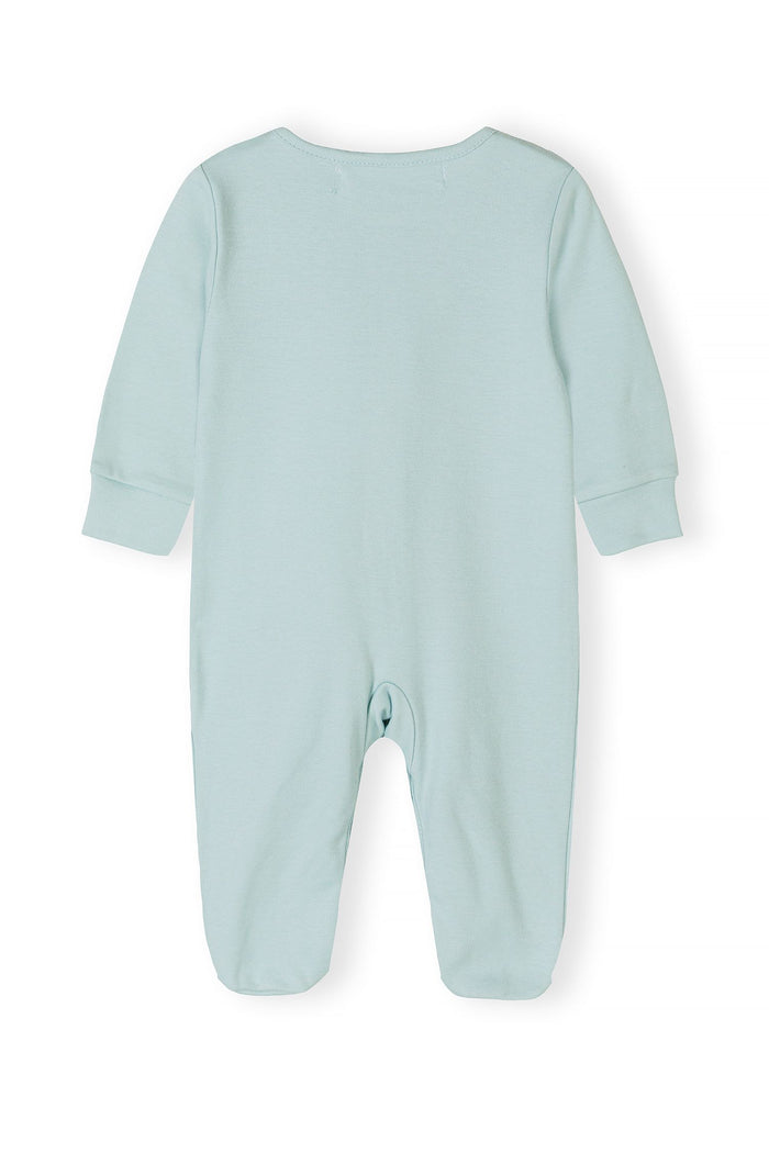 Baby sleepsuit in pastel mint, back view with full-length legs and cuffed sleeves.