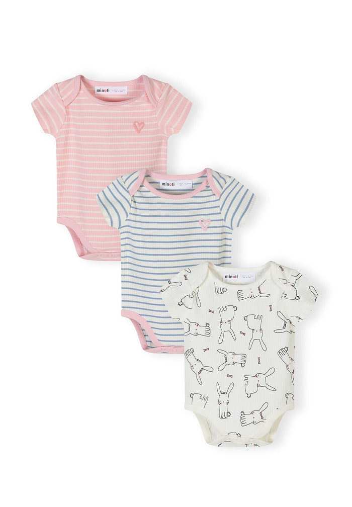 Set of three short sleeve rib knit bodysuits for infants, featuring pink and blue stripes and a rabbit print.