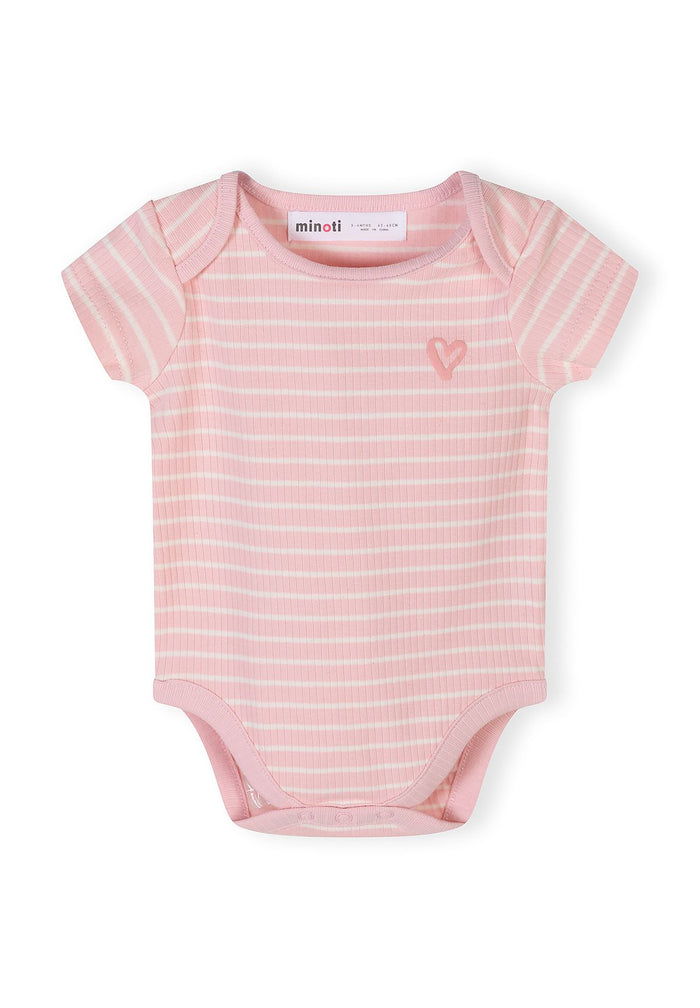 Pink rib knit short sleeve bodysuit for infants with heart graphic and press studs.