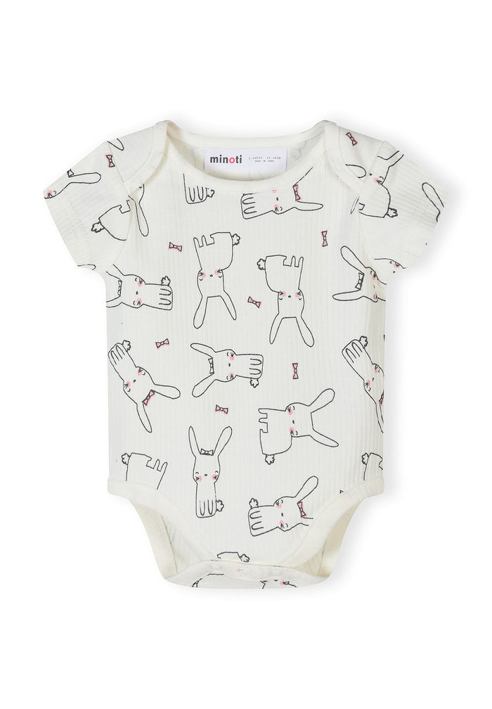 Girls short sleeve bodysuit in cream with rabbit print, front view.