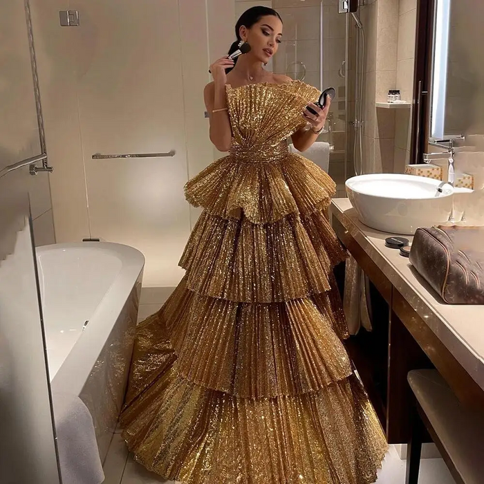 Gold A-Line Strapless Ruffles Evening Dresses Luxury Gowns For Women Party Couture فساتين سهره فاخره