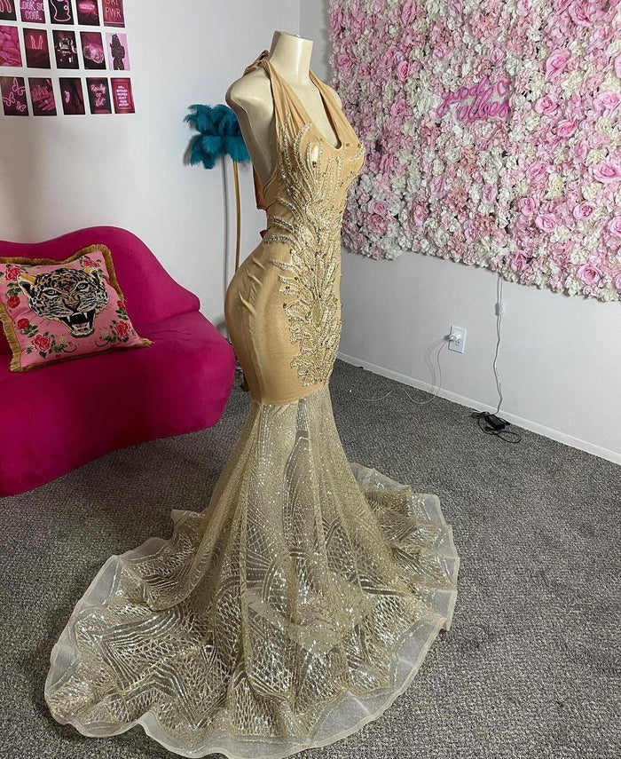 Gold spandex and mesh crystal prom dress