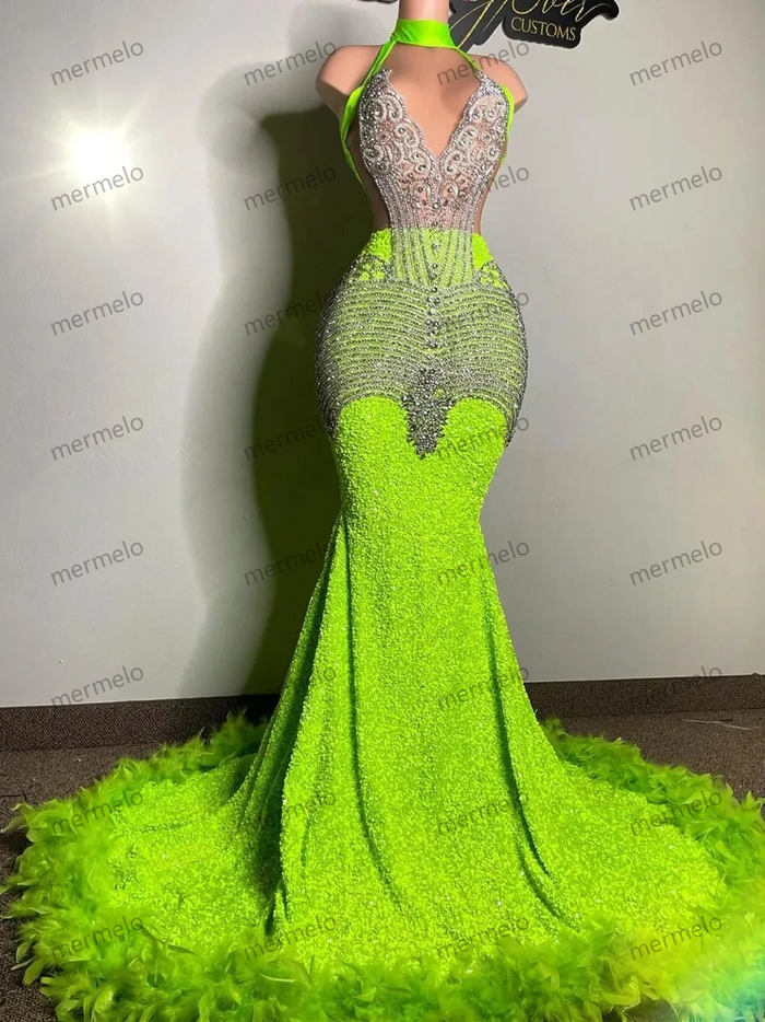 Green African American Prom Dresses Mermaid V-neck Sequins Beaded Feather Black Girls Evening Dresses Gown