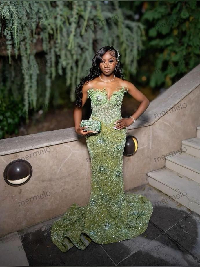 Green Mermaid Long Evening Gown Shinny Prom Dress