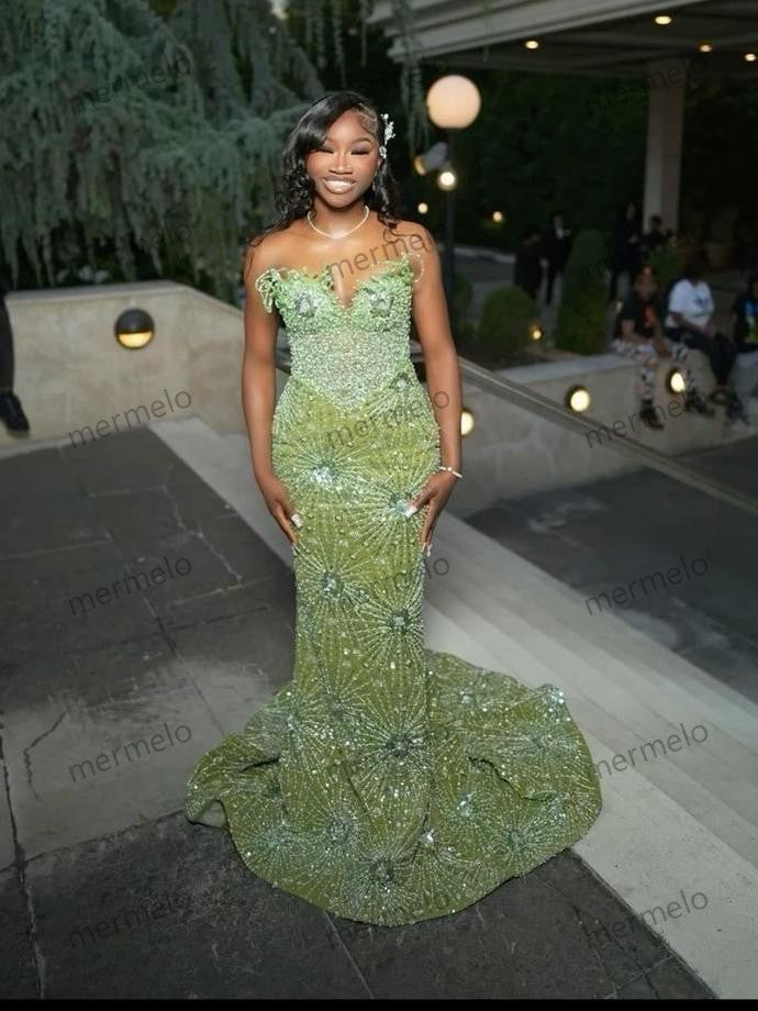 Green Mermaid Long Evening Gown Shinny Prom Dress