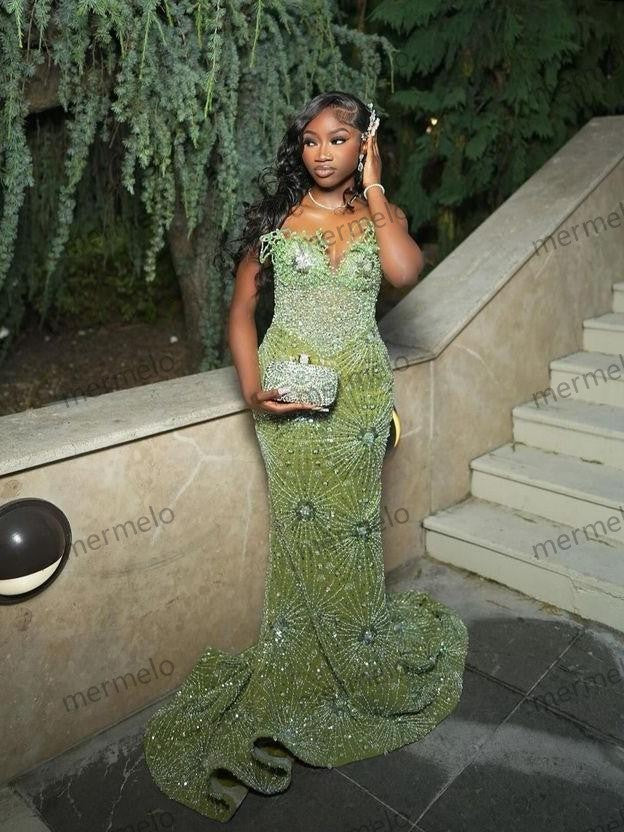 Green Mermaid Long Evening Gown Shinny Prom Dress