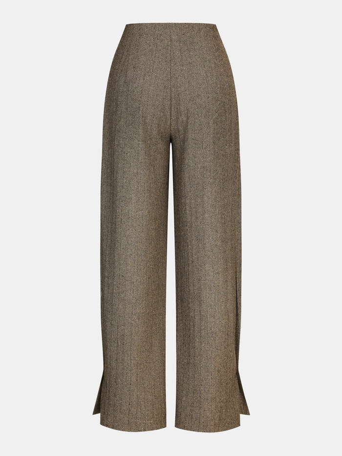 Herringbone Tweed Pleated Straight-Leg Pants