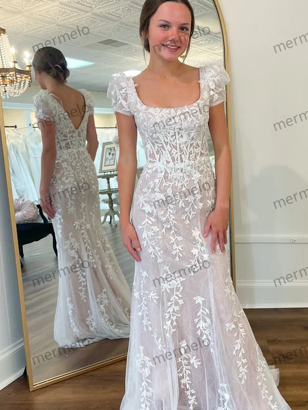 Ivory Square Neck Puff Sleeves Appliques Tulle Long Prom Dress
