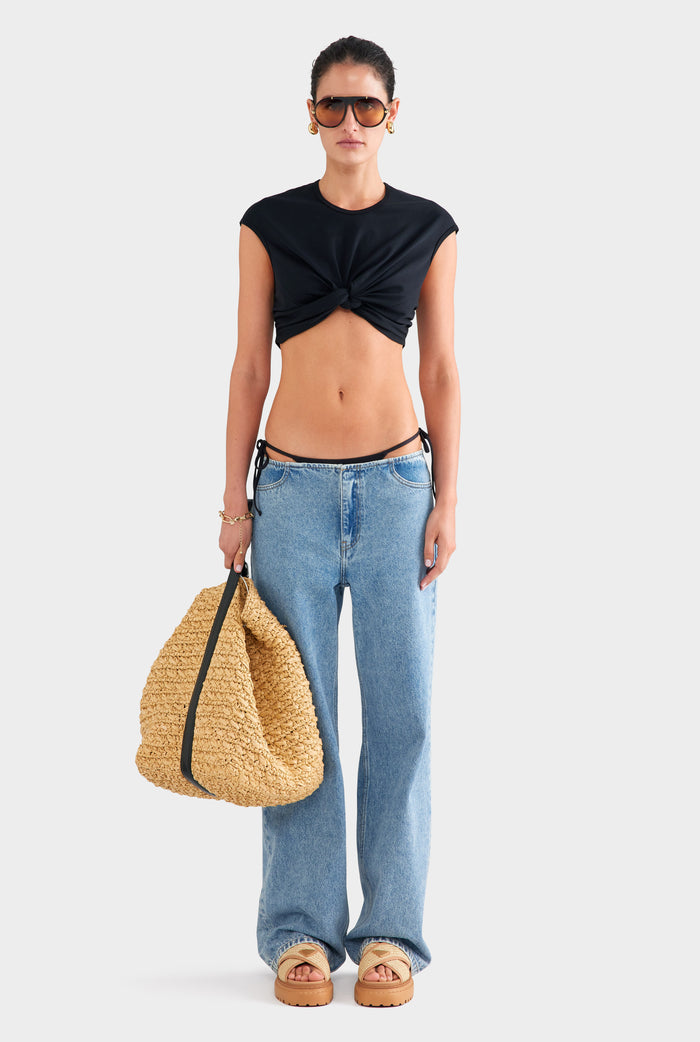 Jersey Knotted Cropped Tee - Black