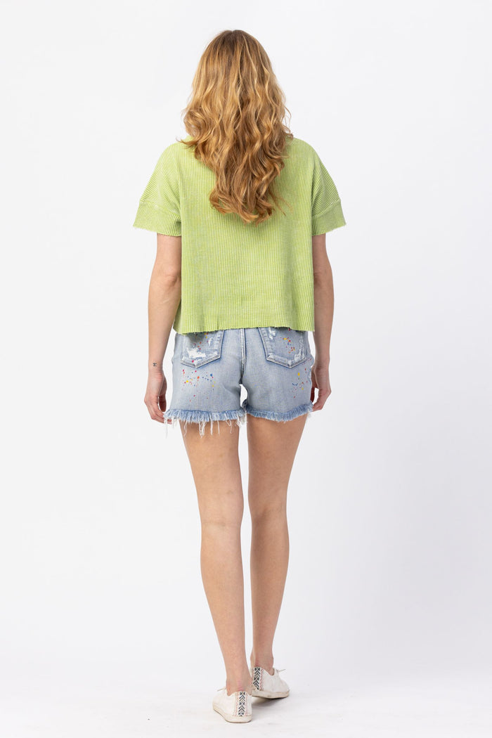 Judy Blue Mid Rise Rainbow Paint Splash Cutoff Destroyed Shorts