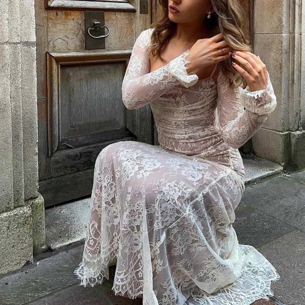Lace long prom dress long sleeves evening dress 2-Pc Maxi Dress