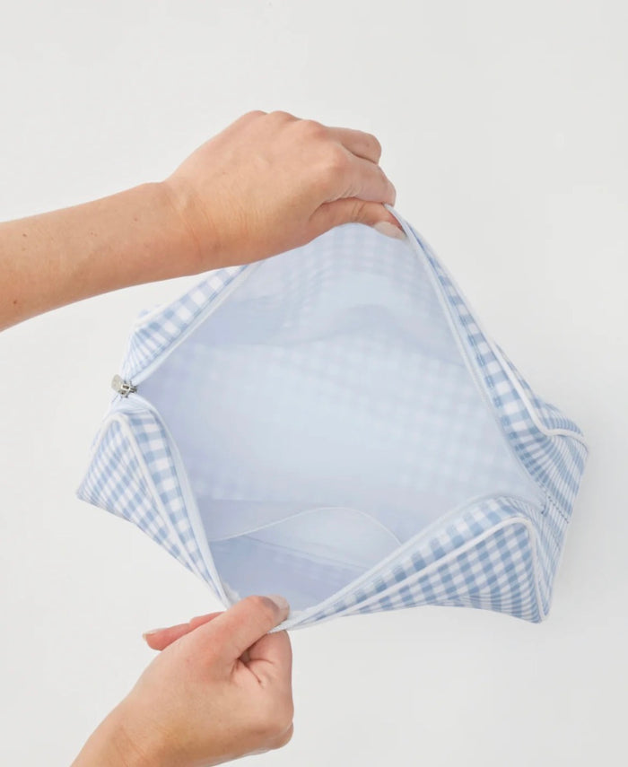Large Patterned Toiletry Bag | Light Blue Gingham