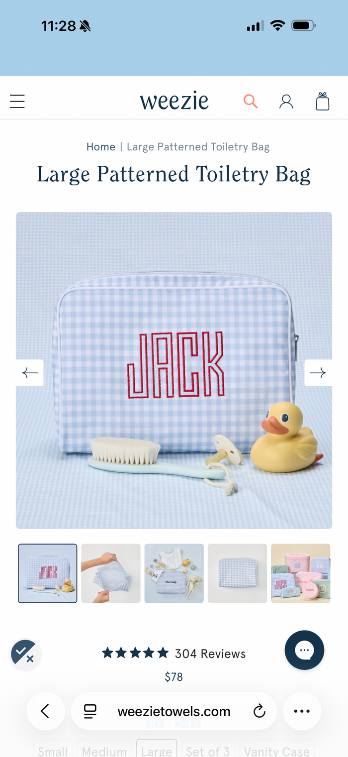 Large Patterned Toiletry Bag | Light Blue Gingham