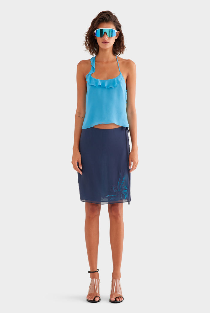 Layered Embroidered Silk Skirt - Navy/Bright Blue