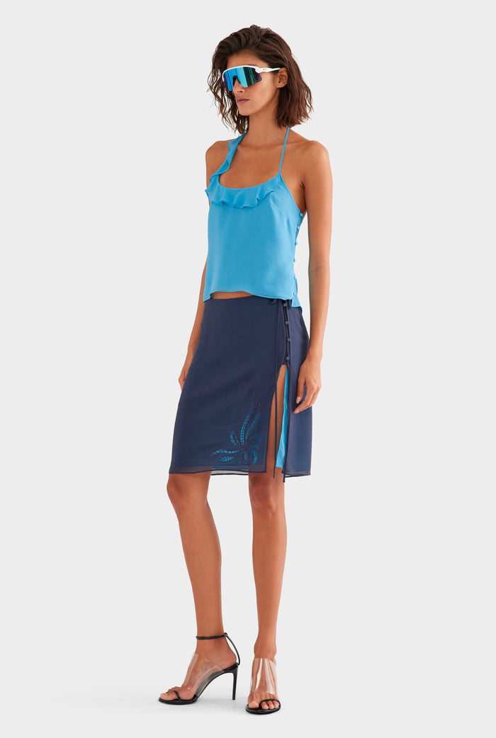 Layered Embroidered Silk Skirt - Navy/Bright Blue
