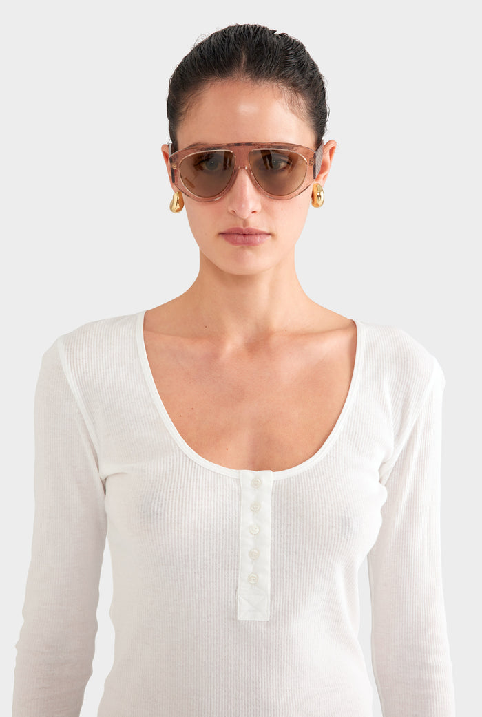 Lightweight Henley Long Sleeve Top - Off White