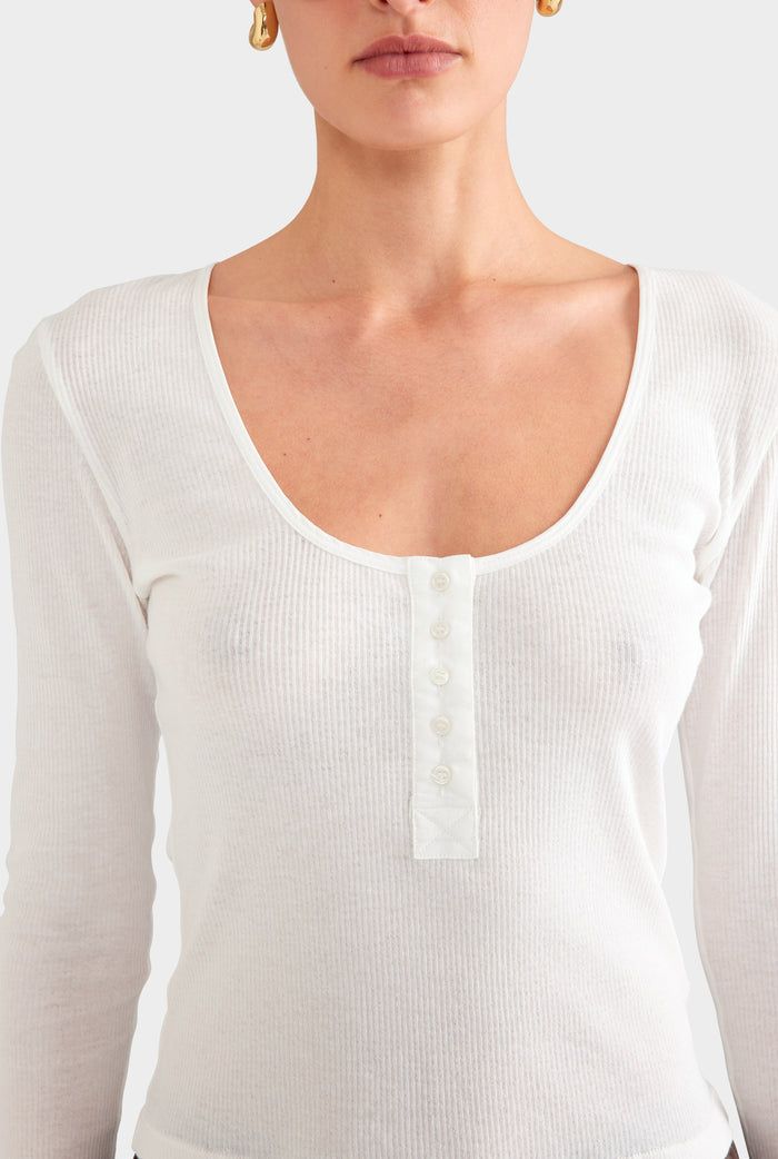 Lightweight Henley Long Sleeve Top - Off White