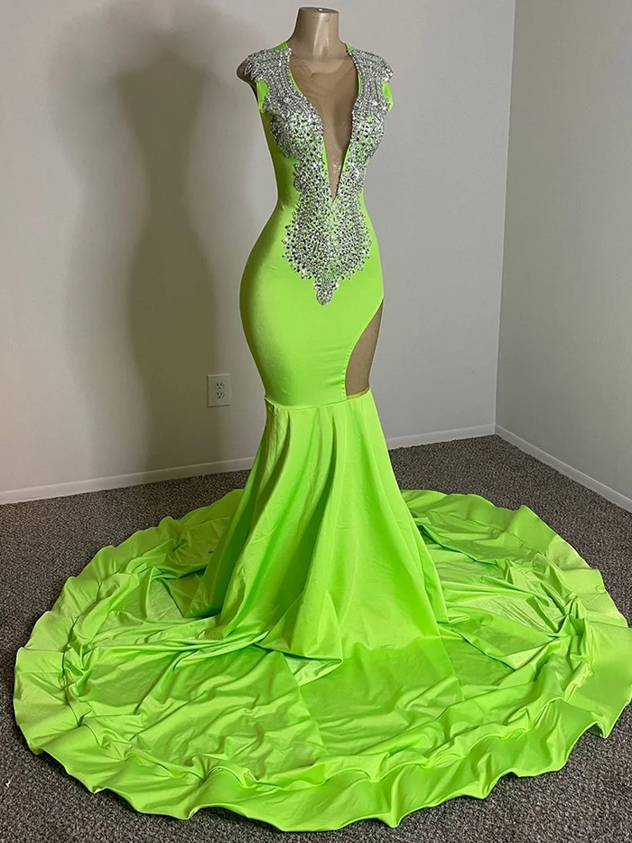 Long Sheer Green Mermaid Prom Dresses with Crystals vestidos para eventos especiales Party Formal Occasion Dresses