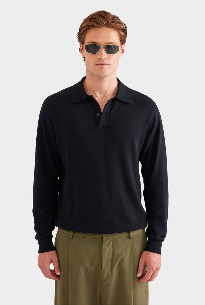 Long Sleeve Cotton Raglan Knit Polo - Black