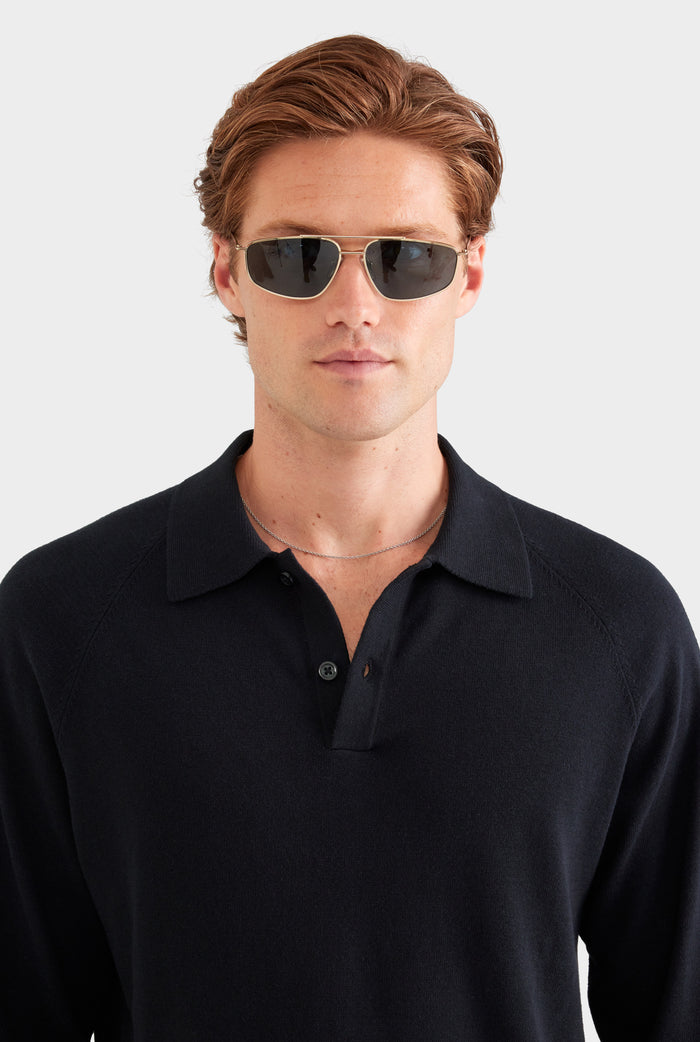 Long Sleeve Cotton Raglan Knit Polo - Black