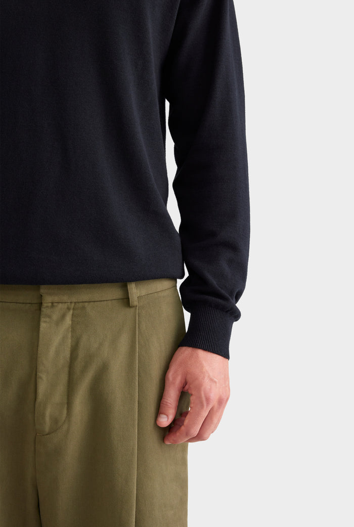 Long Sleeve Cotton Raglan Knit Polo - Black