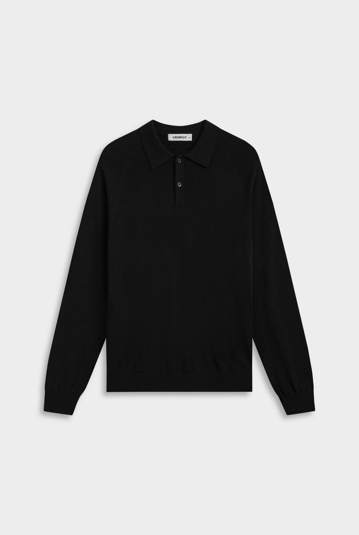 Long Sleeve Cotton Raglan Knit Polo - Black