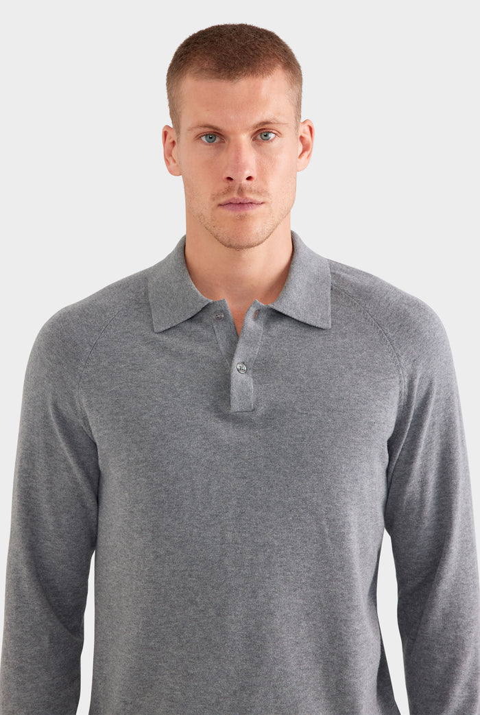 Long Sleeve Cotton Raglan Knit Polo - Dark Grey Marl