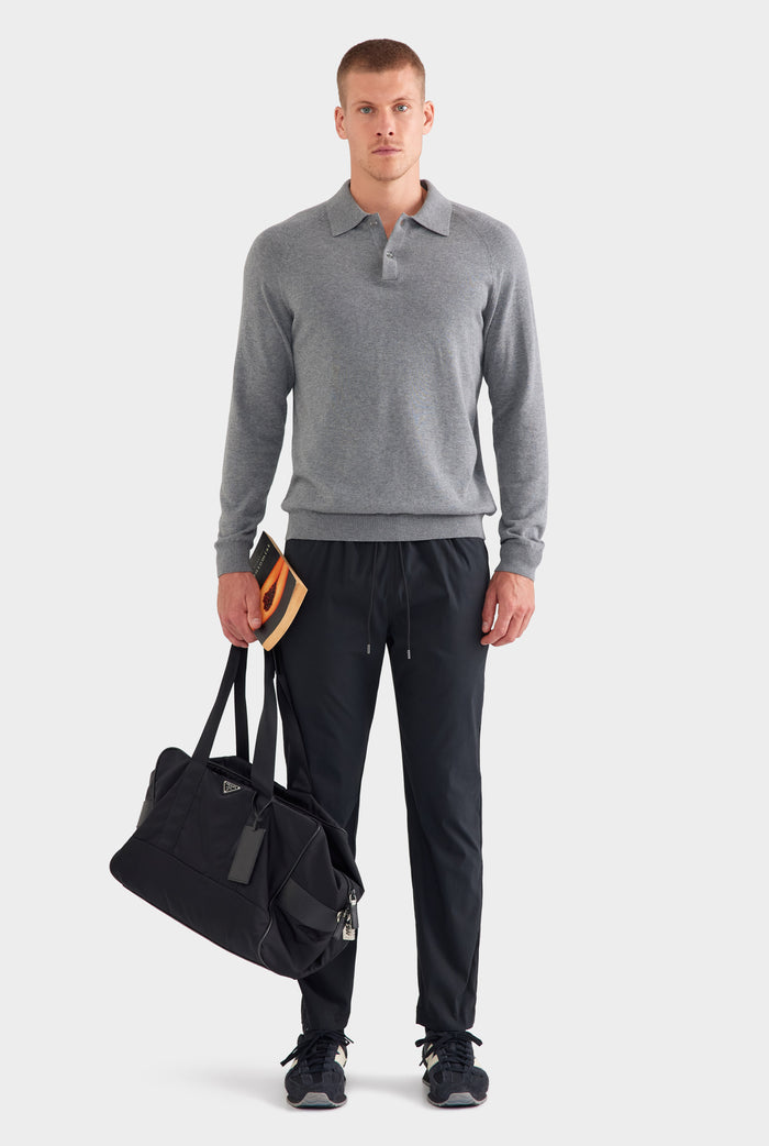 Long Sleeve Cotton Raglan Knit Polo - Dark Grey Marl