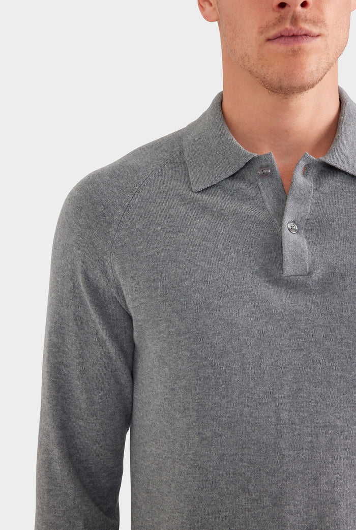Long Sleeve Cotton Raglan Knit Polo - Dark Grey Marl