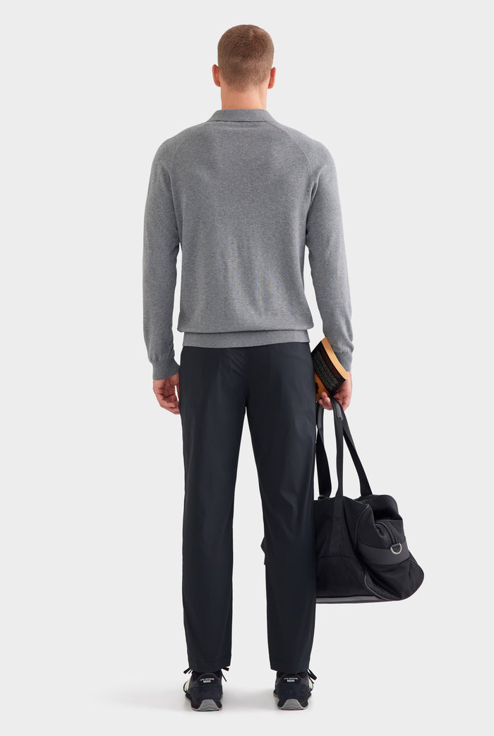 Long Sleeve Cotton Raglan Knit Polo - Dark Grey Marl