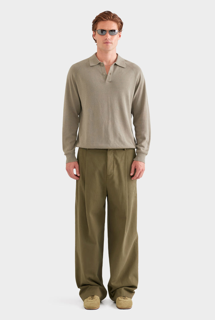 Long Sleeve Cotton Raglan Knit Polo - Smokey Olive
