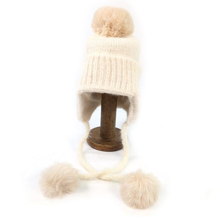Long Tie PomPom Knitted Hat - Cream