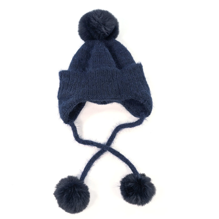 Long Tie PomPom Knitted Hat - Navy Blue