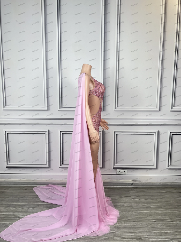 Luxury Sparkly Rhinestones Pink Mermaid Long Evening Dresses with Cape