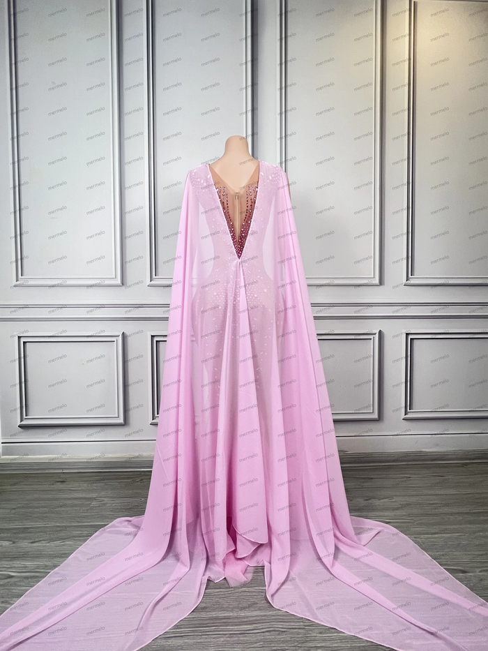 Luxury Sparkly Rhinestones Pink Mermaid Long Evening Dresses with Cape