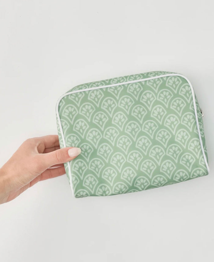Medium Patterned Toiletry Bag | Green Block Print